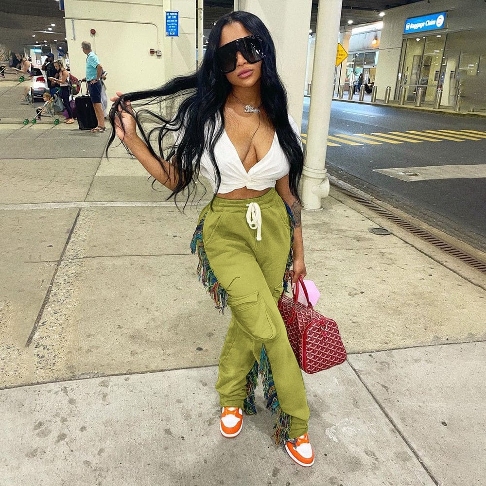 OUDINA Fashion Clothing Solid Color Pant Casual Fringed Trousers Tassel Jogger Women Sweat Pants