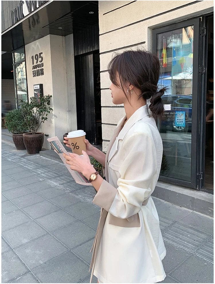 OUDINA Fashion Korean Style Women Blazer Belt Color Contrast Casual Blazers For Women