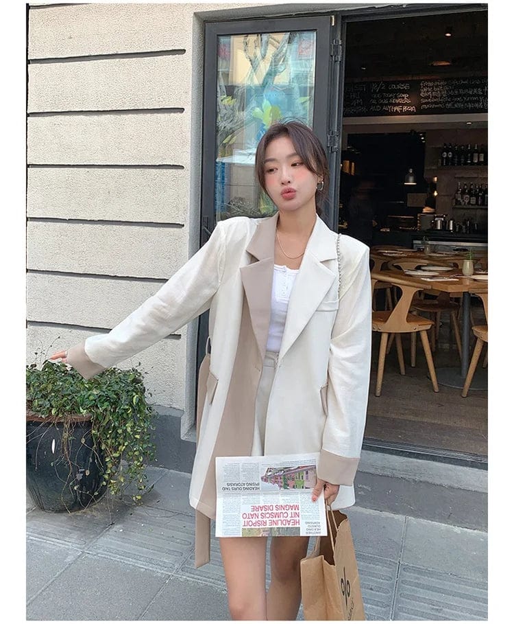 OUDINA Fashion Korean Style Women Blazer Belt Color Contrast Casual Blazers For Women