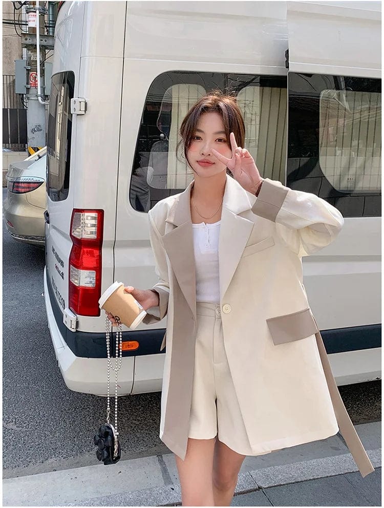 OUDINA Fashion Korean Style Women Blazer Belt Color Contrast Casual Blazers For Women