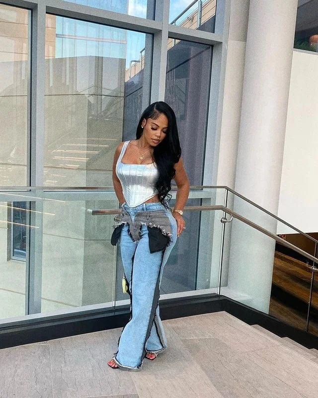 OUDINA Fashion Latest Design Stretch Patchwork Wash Denim Wide Leg Women Pants Baggy Jeans