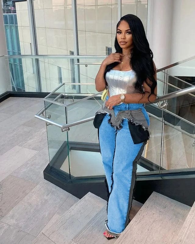 OUDINA Fashion Latest Design Stretch Patchwork Wash Denim Wide Leg Women Pants Baggy Jeans