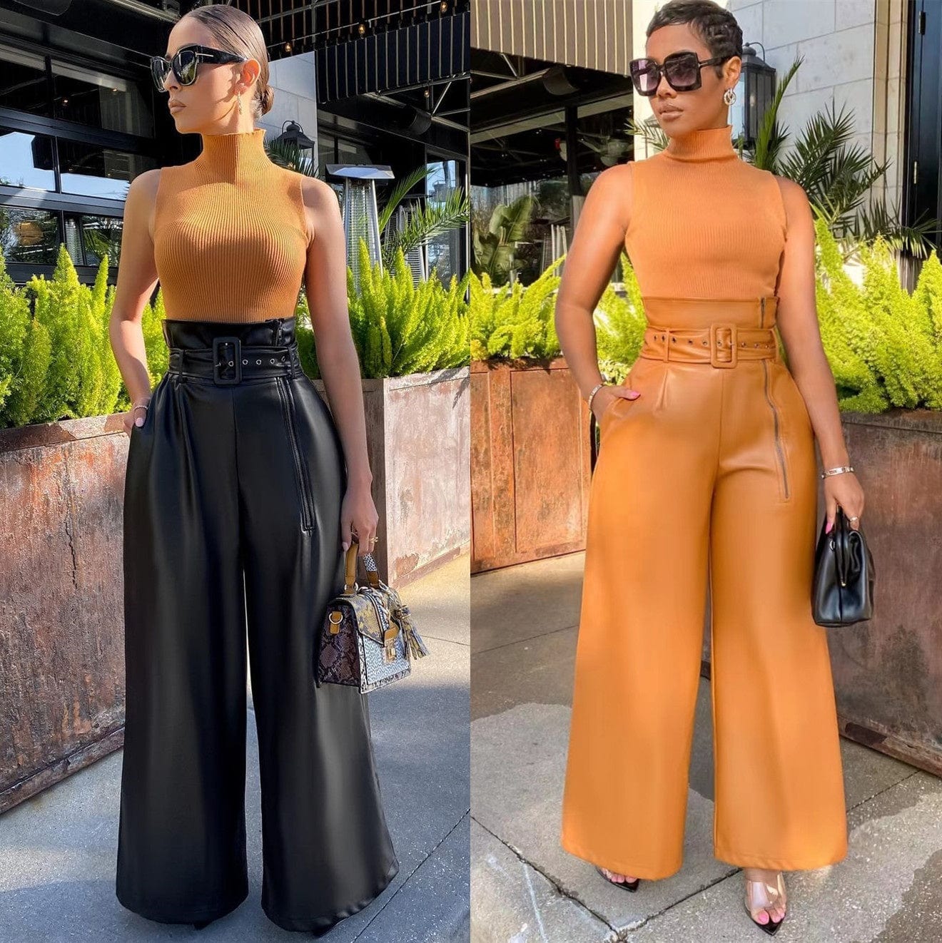 OUDINA Fashion Nightclub High Waist Casual Trousers Women Wide Leg Pant PU Leather Pants