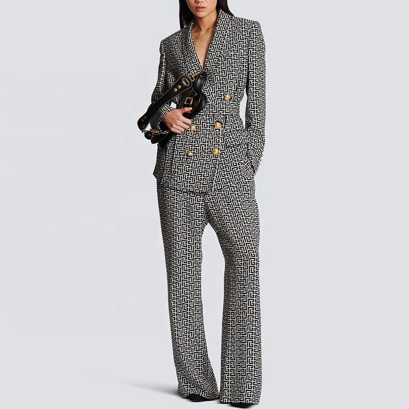 OUDINA Fashion Printing Stripe Colors Contrasting Suits For Ladies Double Breasted V Neck Belt Women's Suits & Tuxedo