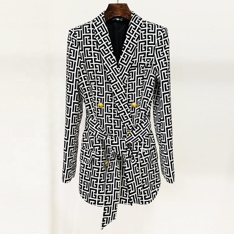 OUDINA Fashion Printing Stripe Colors Contrasting Suits For Ladies Double Breasted V Neck Belt Women's Suits & Tuxedo