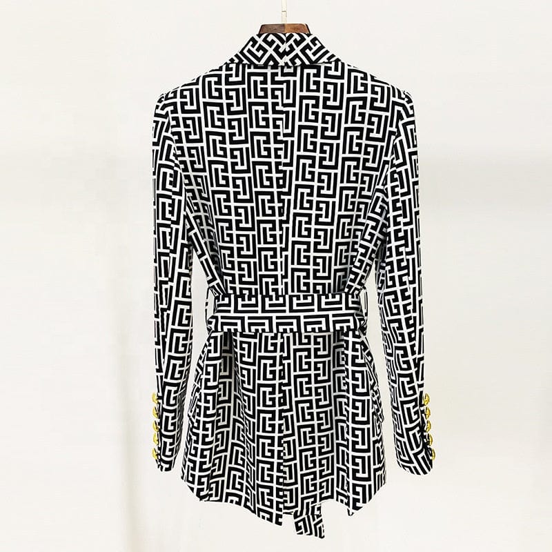 OUDINA Fashion Printing Stripe Colors Contrasting Suits For Ladies Double Breasted V Neck Belt Women's Suits & Tuxedo