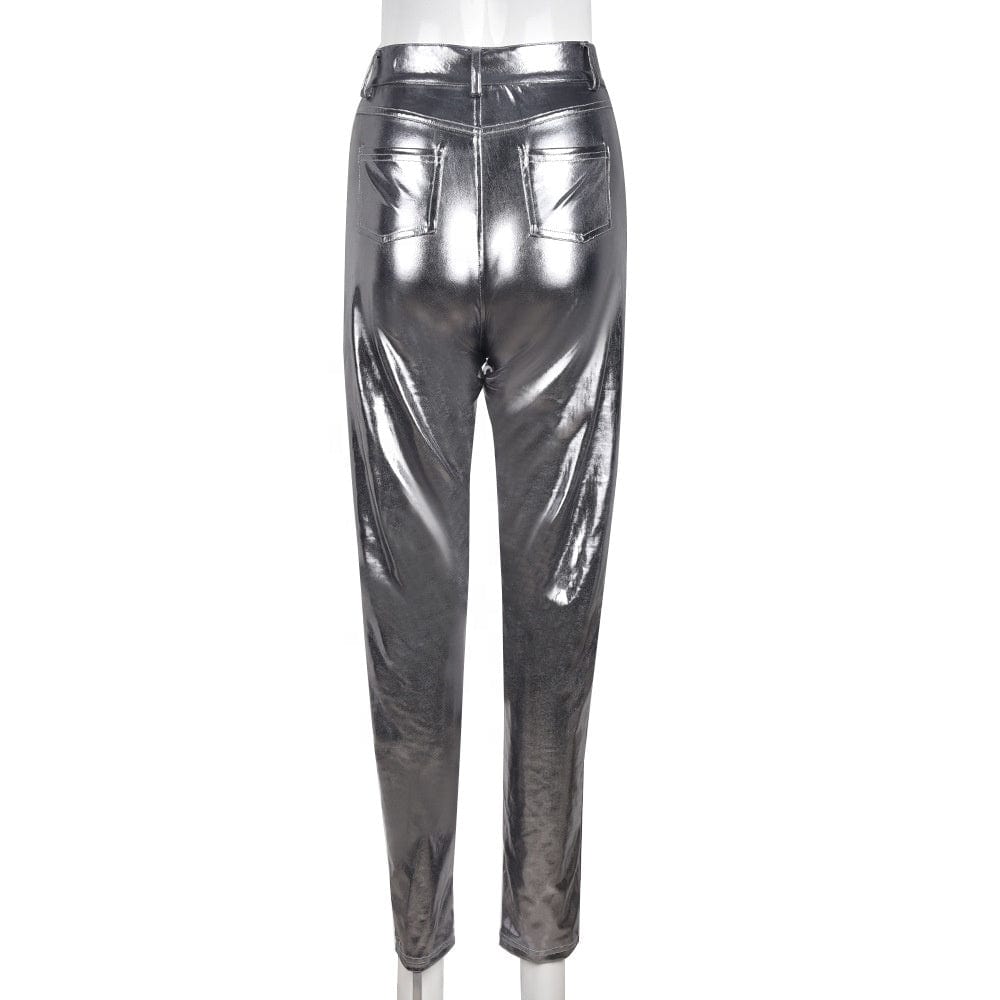 OUDINA Fashion Slim Fit Solid Color Trousers PU Women's Pants & Trousers Shiny Leggings For Women