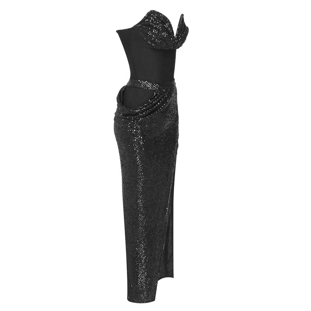 OUDINA Fashion Summer Women's Dress Black Tube Top Sequins Dinner Sexy Gowns For Women Evening Dresses