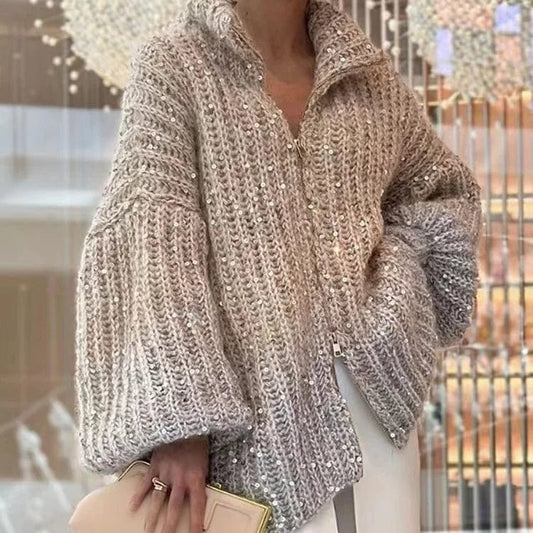OUDINA Fashion Women Clothing Casual Zipper Lazy Sequined Lantern Sleeve Sweater Knitted Cardigan Sweaters For Women