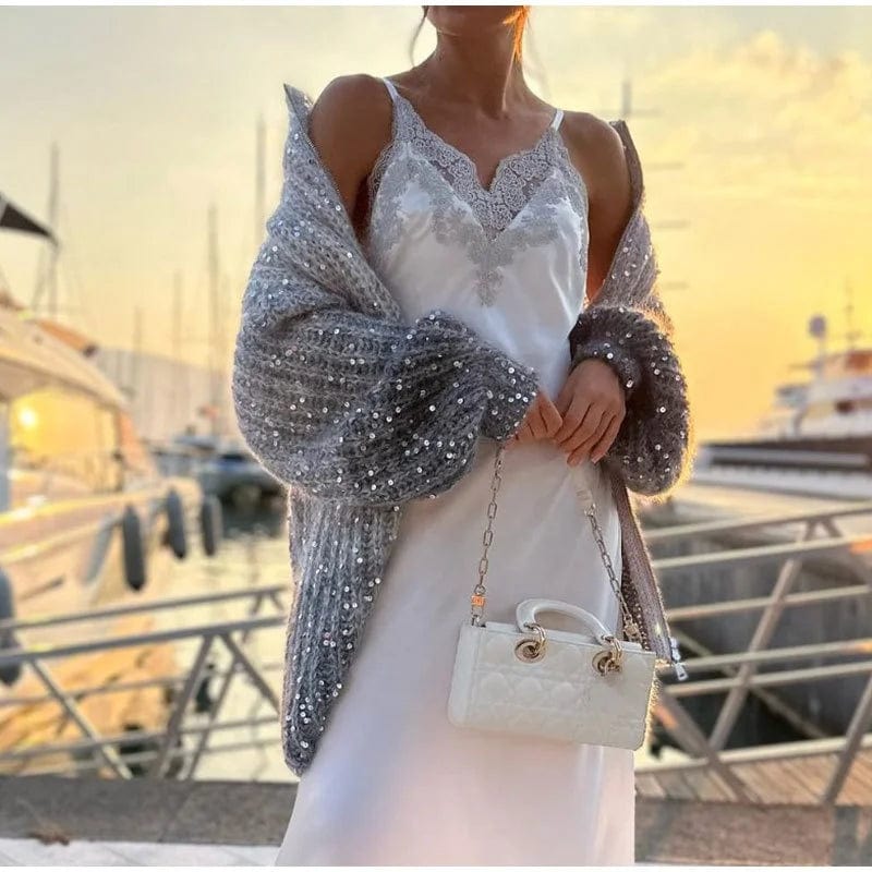 OUDINA Fashion Women Clothing Casual Zipper Lazy Sequined Lantern Sleeve Sweater Knitted Cardigan Sweaters For Women