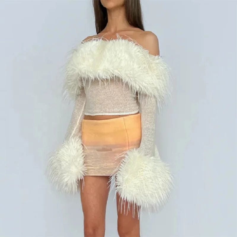 OUDINA Fashion Women's Clothing Tops Long Sleeve One Shoulder Faux Fur See Through Top Crop Tops For Women