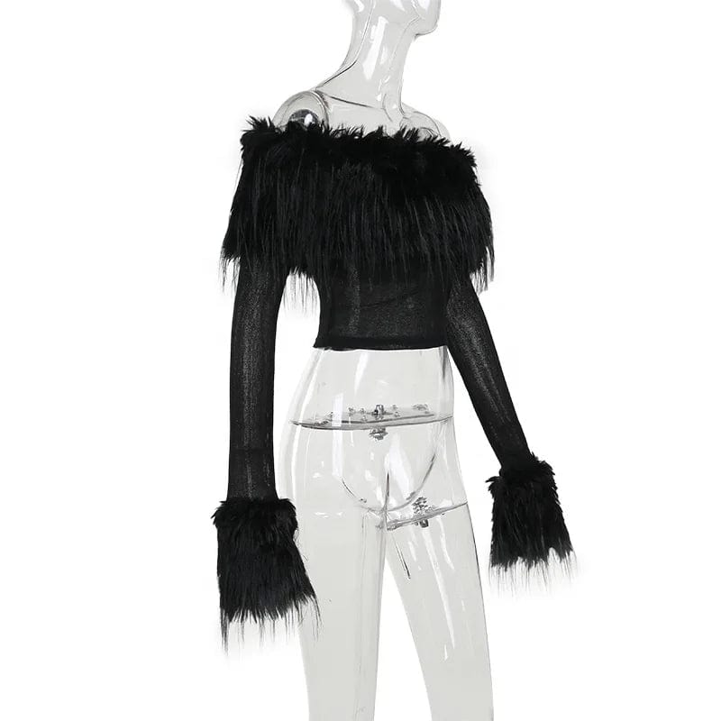OUDINA Fashion Women's Clothing Tops Long Sleeve One Shoulder Faux Fur See Through Top Crop Tops For Women
