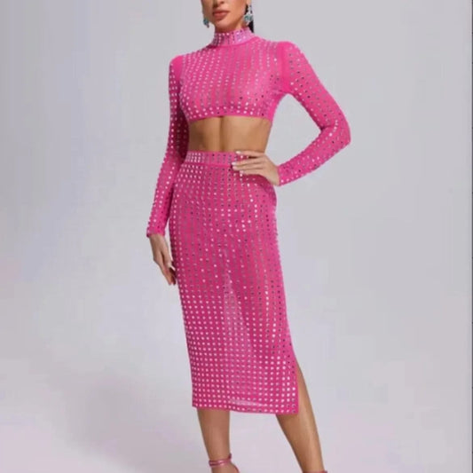 OUDINA Fashion Women's Sets Popular Diamond Rhinestones Short Top Black Rivet Women Clothing Skirt Two Piece Set