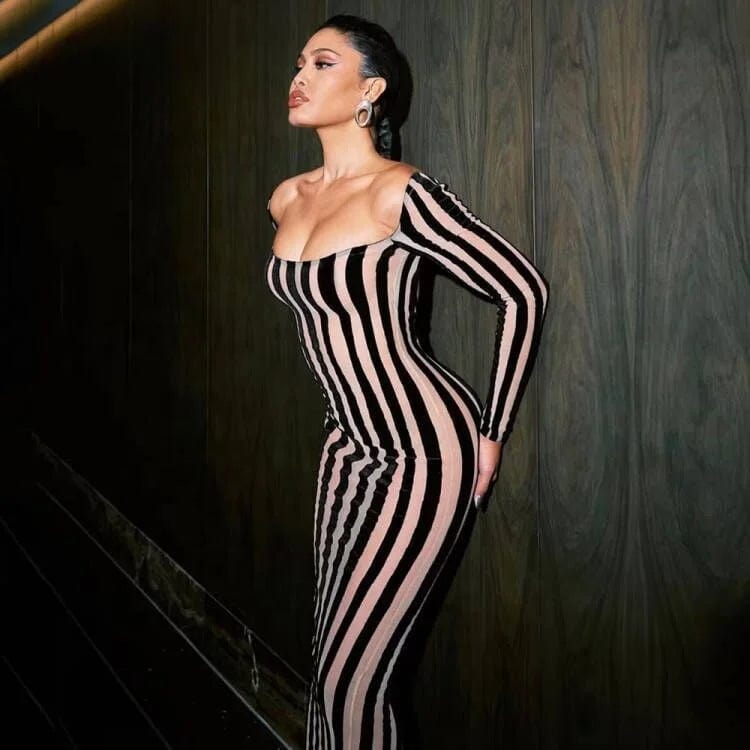 OUDINA Fashionable Clothing Mesh Long Sleeve Striped Dresses Backless Bodycon Long Dress For Women