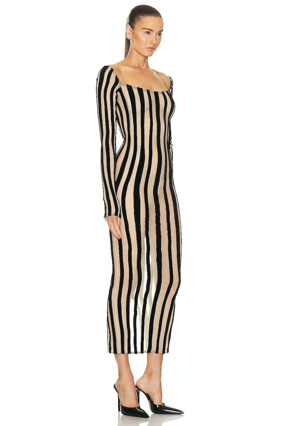 OUDINA Fashionable Clothing Mesh Long Sleeve Striped Dresses Backless Bodycon Long Dress For Women