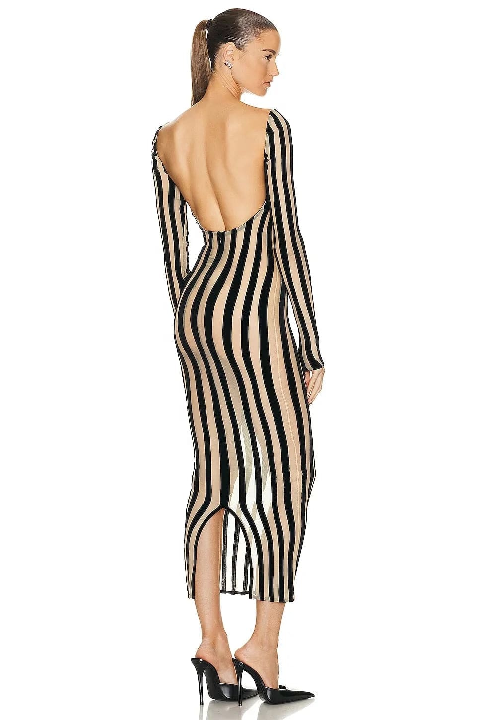 OUDINA Fashionable Clothing Mesh Long Sleeve Striped Dresses Backless Bodycon Long Dress For Women
