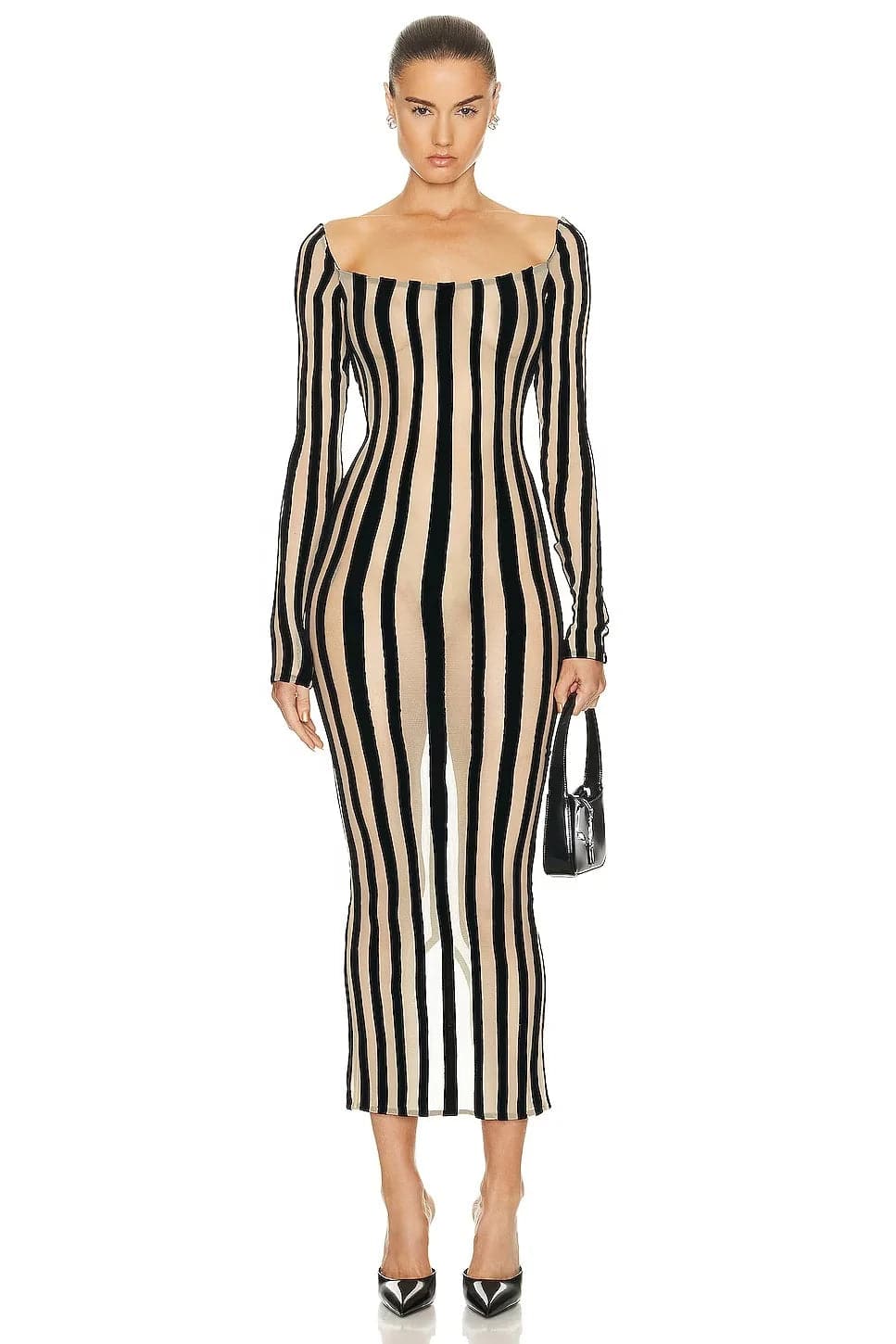 OUDINA Fashionable Clothing Mesh Long Sleeve Striped Dresses Backless Bodycon Long Dress For Women
