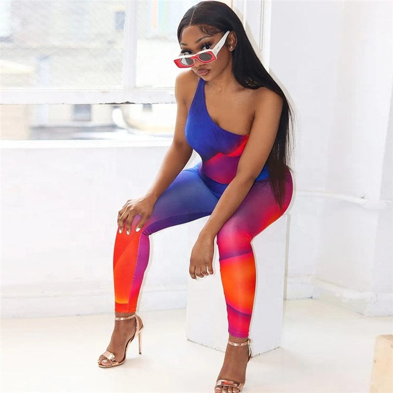 OUDINA Fashionable Club Print Bodysuit Pants Sets Two Piece Top And Tight Women 2 Piece Set