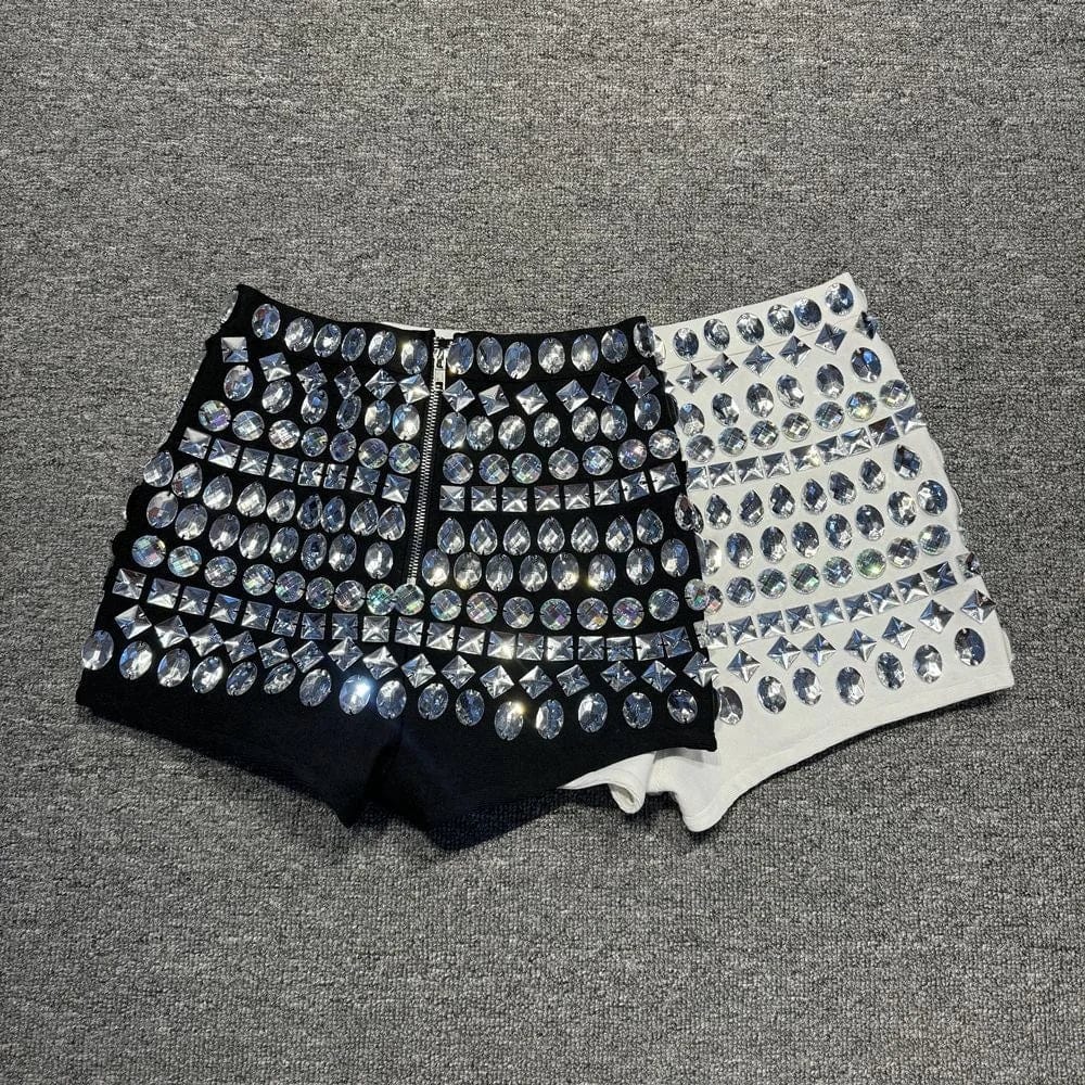 OUDINA Fashionable Diamond Tight Bandage Shorts Para Mujer Shorts For Women Rhinestones Shiny Party Women's Shorts