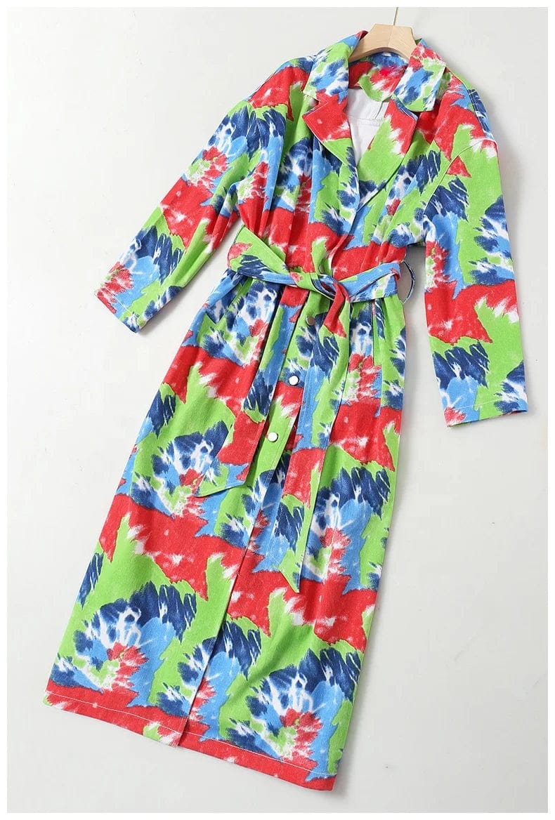 OUDINA Fashionable Vintage Graffiti Print Denim Jacket Windbreaker Trench Coats Womens Long Jacket