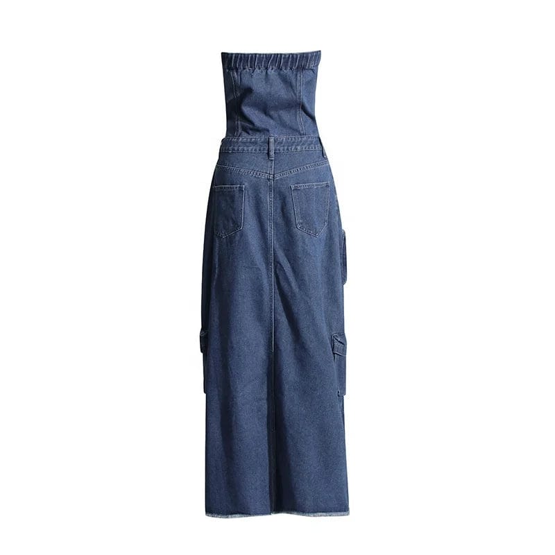 OUDINA Hot Girl Women's Denim Dresses 2024 New Stitching Pocket Waist Slimming Tube Long Dress For Women