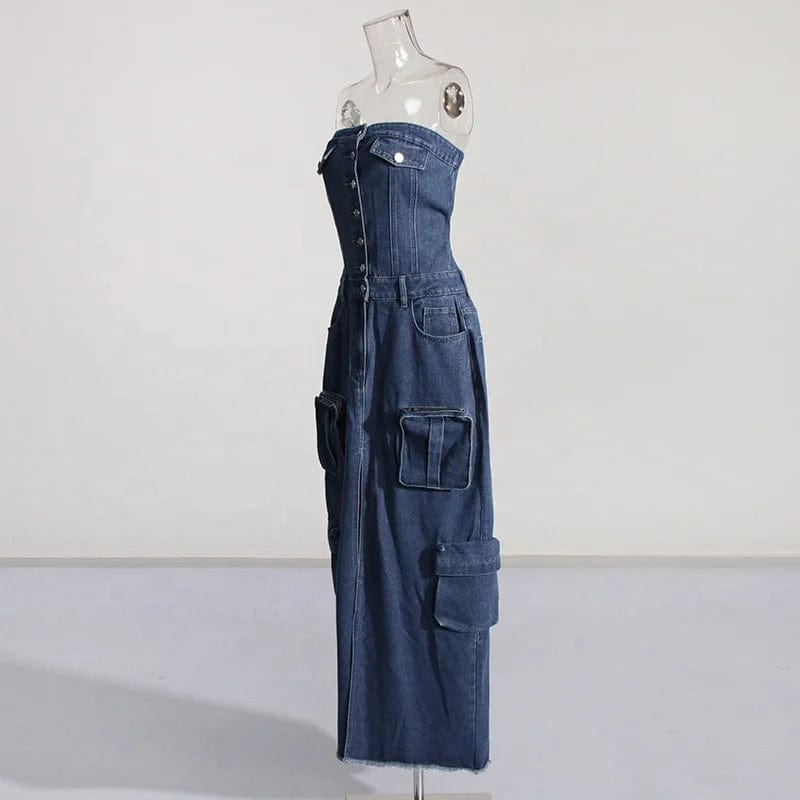 OUDINA Hot Girl Women's Denim Dresses 2024 New Stitching Pocket Waist Slimming Tube Long Dress For Women