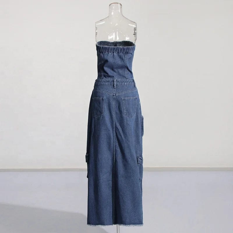 OUDINA Hot Girl Women's Denim Dresses 2024 New Stitching Pocket Waist Slimming Tube Long Dress For Women