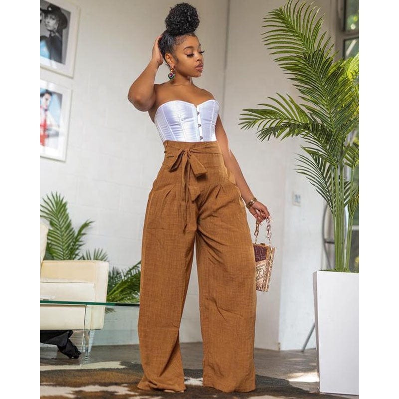 OUDINA New Arrivals Casual Pants For Women Long Trousers High Waist Belt Drawstring Wide Leg Pants