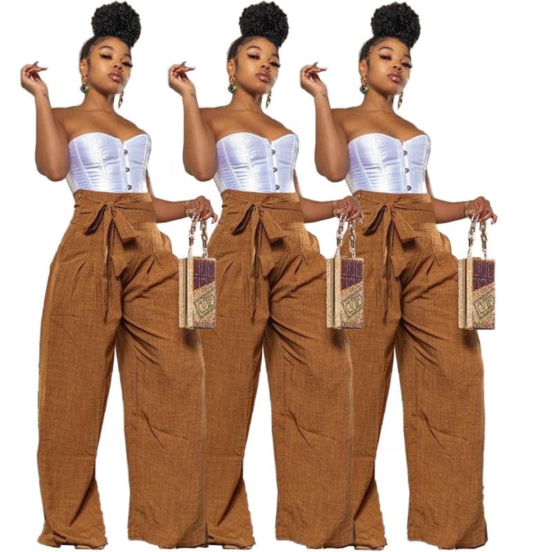 OUDINA New Arrivals Casual Pants For Women Long Trousers High Waist Belt Drawstring Wide Leg Pants