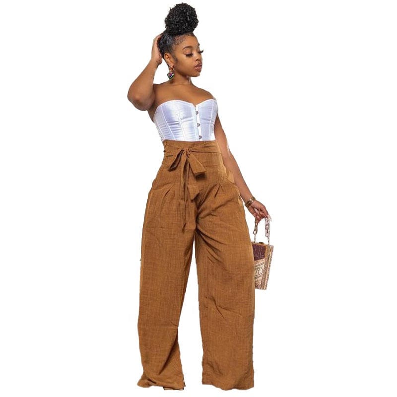 OUDINA New Arrivals Casual Pants For Women Long Trousers High Waist Belt Drawstring Wide Leg Pants