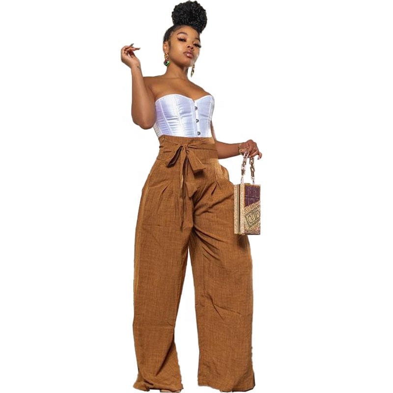OUDINA New Arrivals Casual Pants For Women Long Trousers High Waist Belt Drawstring Wide Leg Pants
