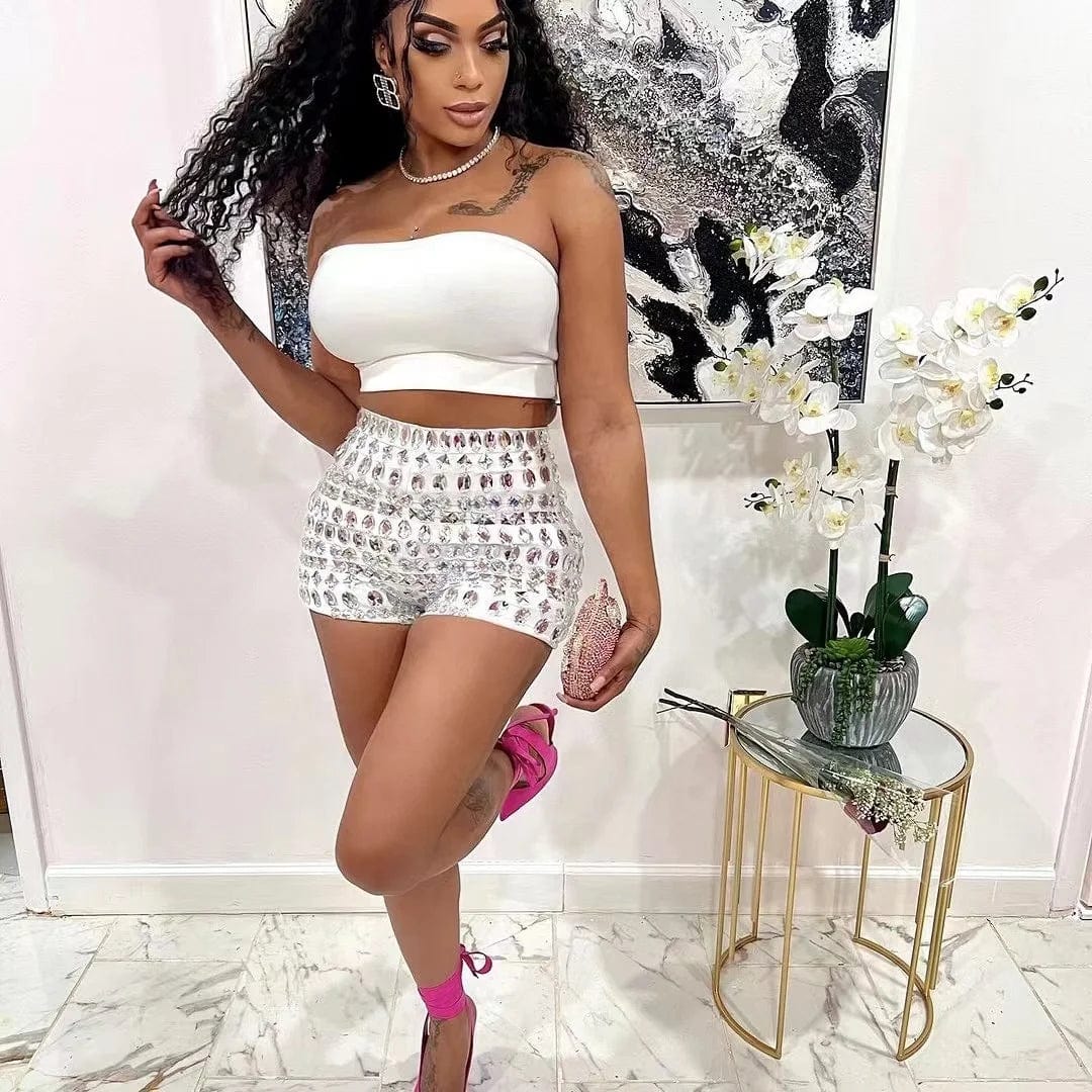 OUDINA New Arrivals Diamond Women's Rhinestones Shiny Party Hot Shorts Party Sequin Biker Women Shorts