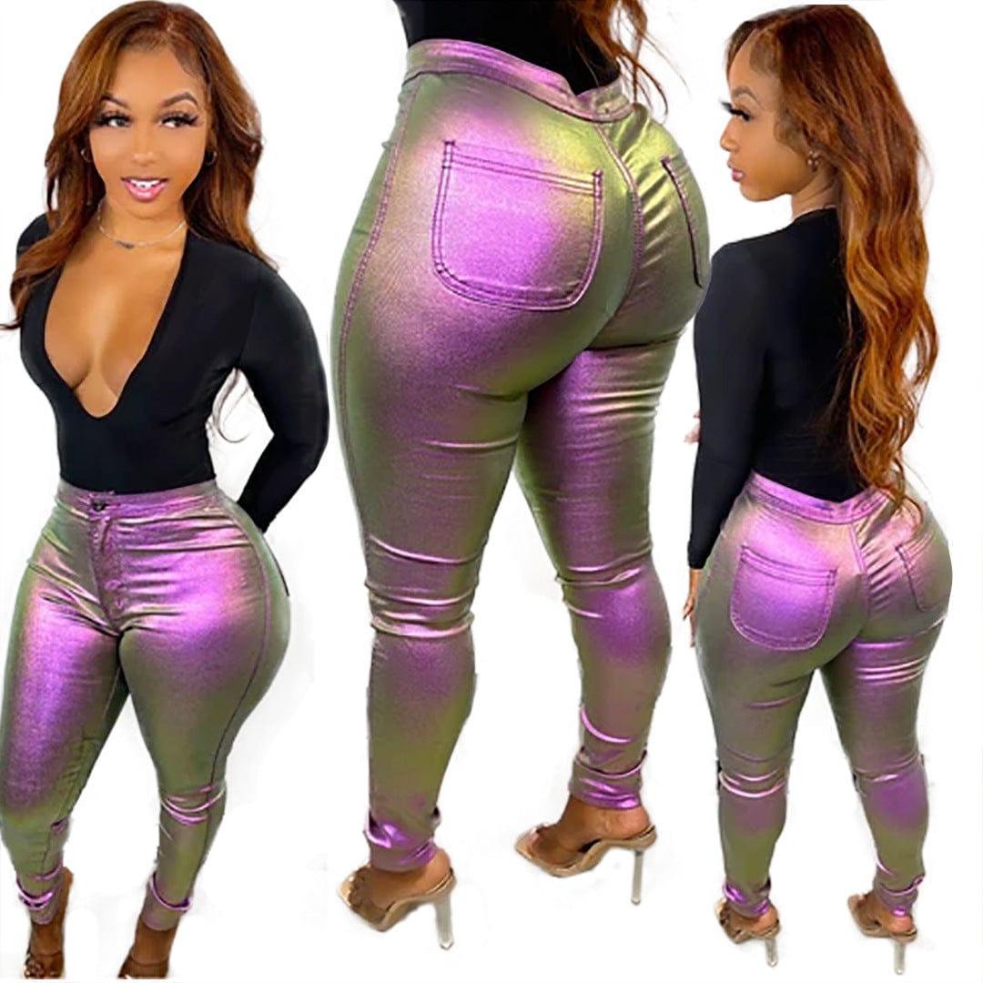 OUDINA New Arrivals Gradient Color Bodycon Tight Sequin Bright Button Skinny Leather Women Pencil Pants