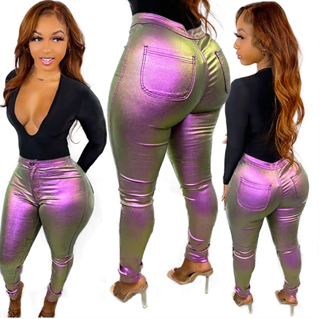 OUDINA New Arrivals Gradient Color Bodycon Tight Sequin Bright Button Skinny Leather Women Pencil Pants