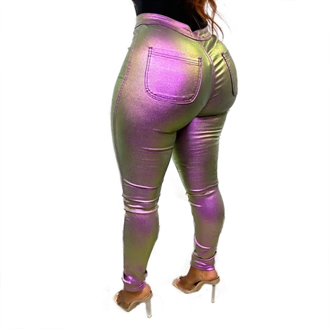 OUDINA New Arrivals Gradient Color Bodycon Tight Sequin Bright Button Skinny Leather Women Pencil Pants