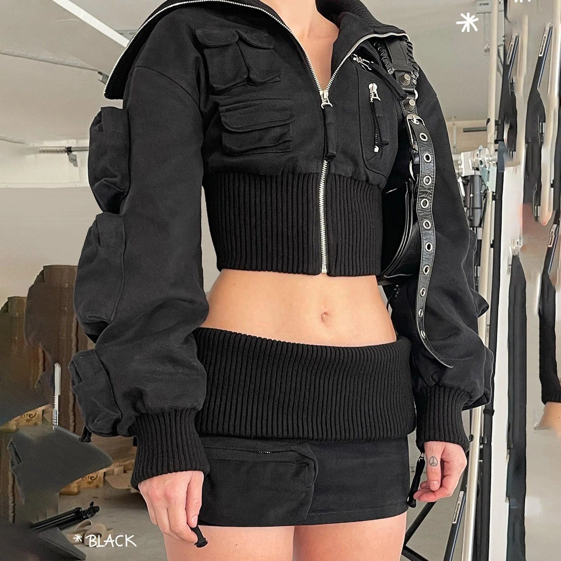 OUDINA New Arrivals Zipper Cargo Jacket Mini Skirt Two Pieces Sets Women Clothing 2 Piece Set Women's Sets