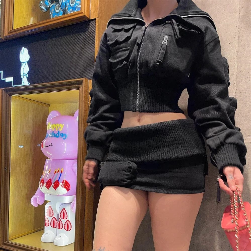 OUDINA New Arrivals Zipper Cargo Jacket Mini Skirt Two Pieces Sets Women Clothing 2 Piece Set Women's Sets