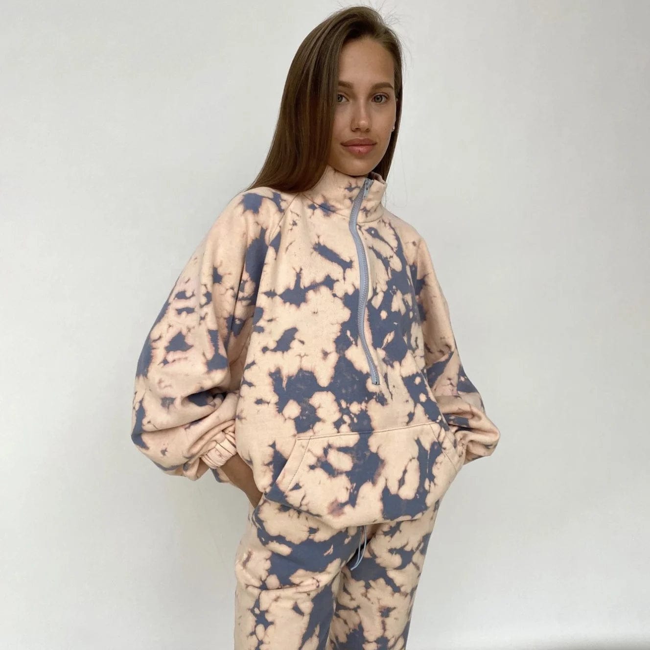 OUDINA New Fashion Printed Sweatshirt Suit Winter Two Piece Sweatpants Set Half-zip Loose Long Women's Sets