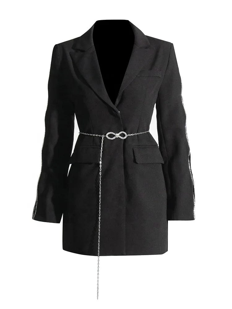 OUDINA New Fashion Style Hollow Out Rhinestone Sleeves Pearl Belt Slim Suit Blazer Women 2023