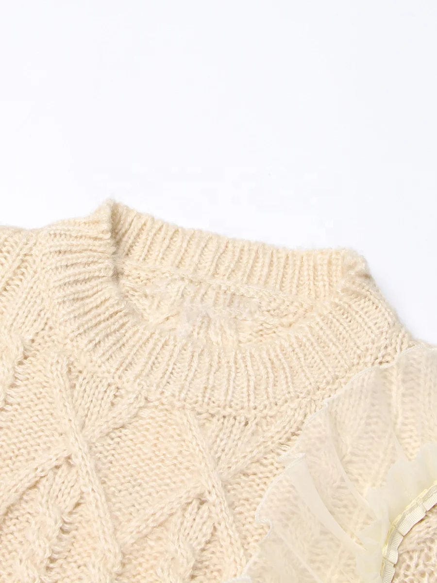 OUDINA New Fashionable Design Splicing Gauze Long Sleeve Casual Pullover Solid Color Sweater For Women