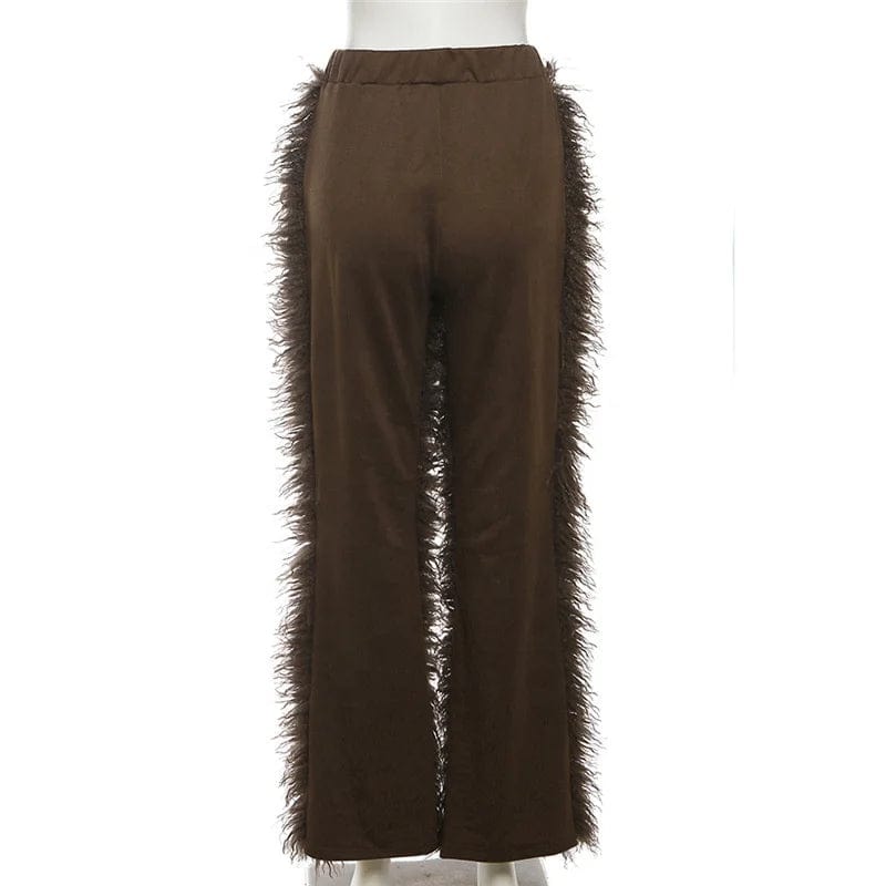OUDINA New High-waisted Fur Pants Solid Color Women Loose Street Style Straight Long Casual Pants