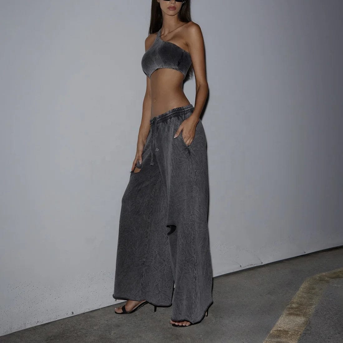 OUDINA New High-waisted Ladies Sweatpants Drawstring Wide Leg Loose Lazy Ripped Design Women's Casual Pants