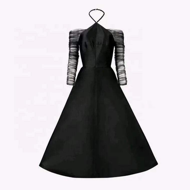 OUDINA New Niche Design Halter Neck Dress Women Mesh sleeves Patchwork Waist Audrey Hepburn Black Dress
