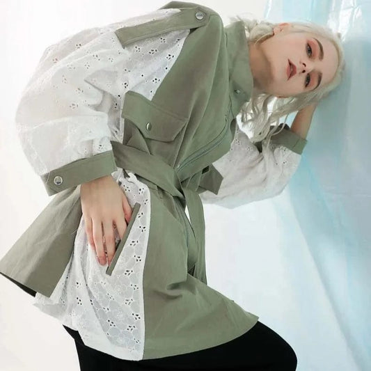 OUDINA New Products Wholesale Loose With Belt Patchwork Lace Coat Trench Jackets Retro Windbreaker Jacket