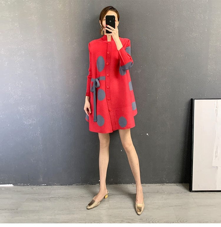 OUDINA New Style Tie-breasted Cardigan Loose Pleat Polka Dot Plus Size Casual Vintage Pleated Women Elegant Dresses