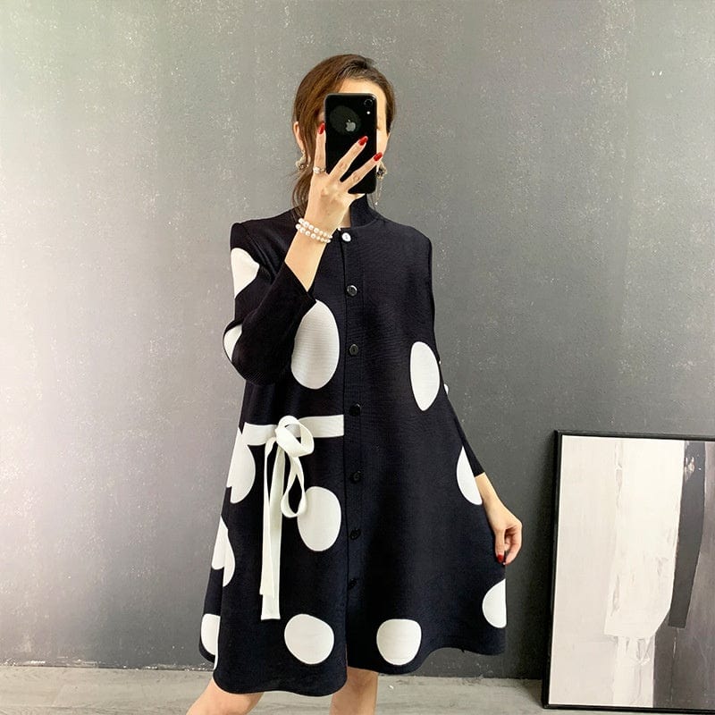 OUDINA New Style Tie-breasted Cardigan Loose Pleat Polka Dot Plus Size Casual Vintage Pleated Women Elegant Dresses