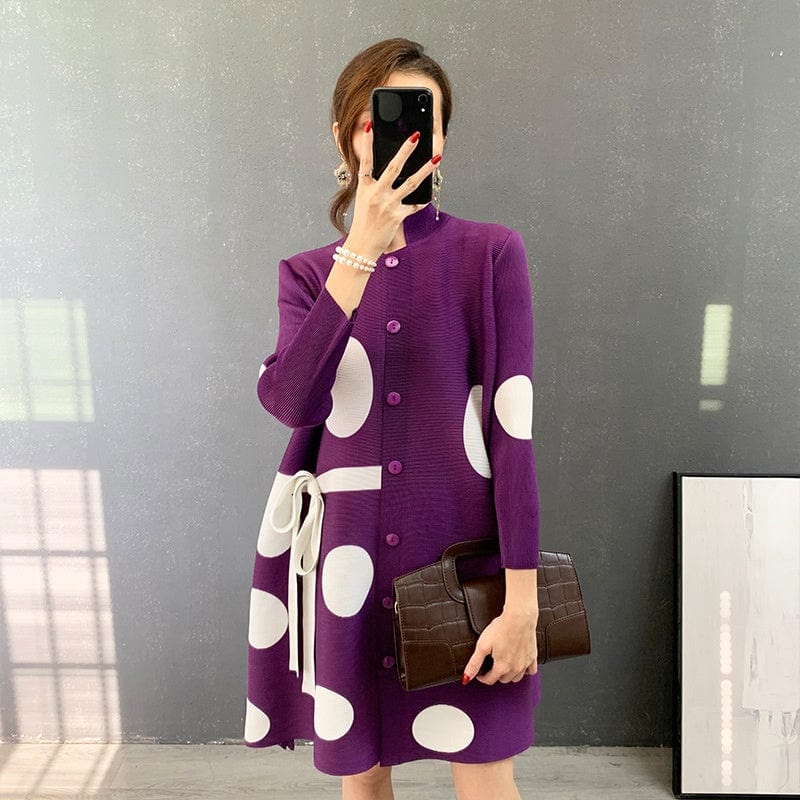 OUDINA New Style Tie-breasted Cardigan Loose Pleat Polka Dot Plus Size Casual Vintage Pleated Women Elegant Dresses