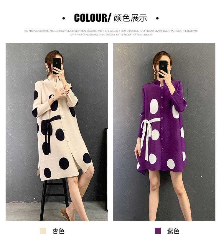 OUDINA New Style Tie-breasted Cardigan Loose Pleat Polka Dot Plus Size Casual Vintage Pleated Women Elegant Dresses