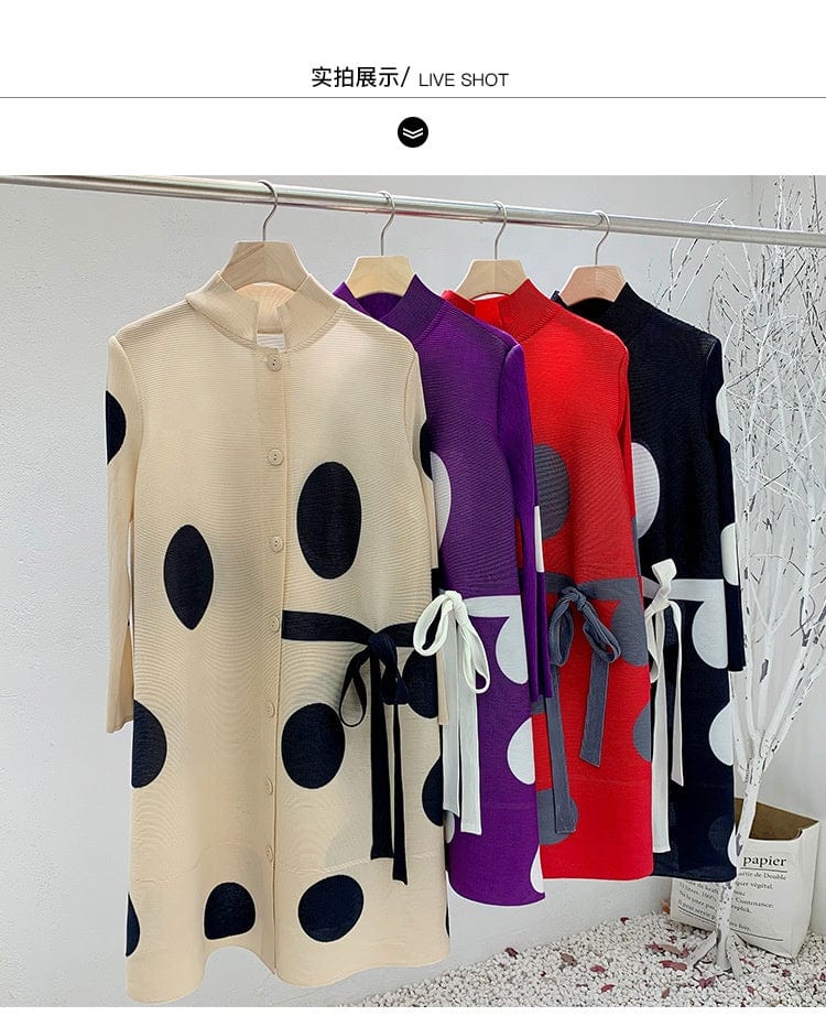 OUDINA New Style Tie-breasted Cardigan Loose Pleat Polka Dot Plus Size Casual Vintage Pleated Women Elegant Dresses