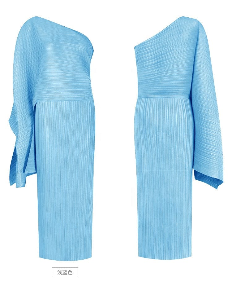 OUDINA New Summer Women's Temperament Irregular Beveled High Waist Long Chiffon Pleats Casual Dresses Woman